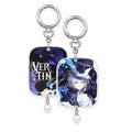 Vertin acrylic keychain, front and back: Vertin in a top hat on the front and her name in lettering on the back