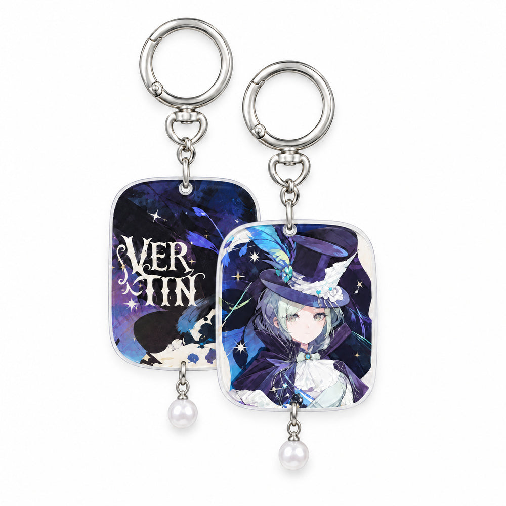 Vertin acrylic keychain, front and back: Vertin in a top hat on the front and her name in lettering on the back