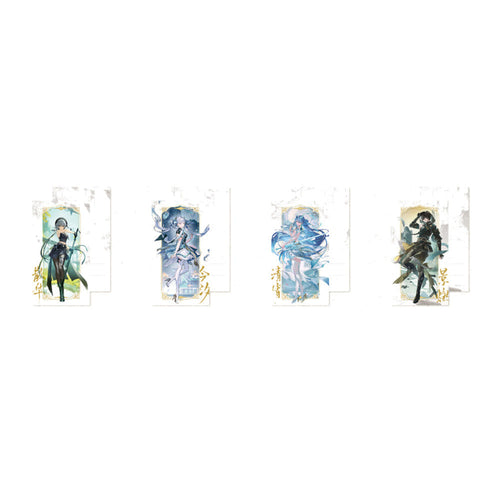 Four postcards of Sanhua, Jinhsi, Qingxiao and Jingran in framed panels with their names in gold calligraphy