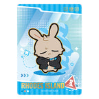 SSR-001 sample card: a cartoon rabbit in a black jacket on a blue RHODES ISLAND design