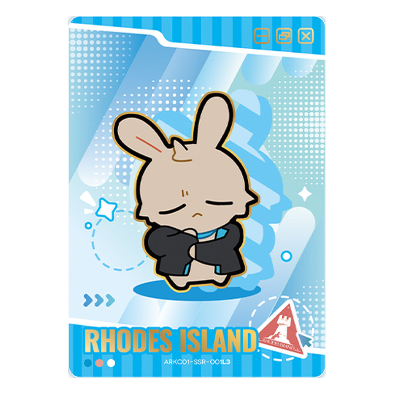 SSR-001 sample card: a cartoon rabbit in a black jacket on a blue RHODES ISLAND design