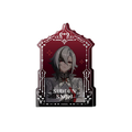 Arlecchino acrylic block: portrait with her arms crossed in a crimson arched frame with the SUDDEN SNOW logo