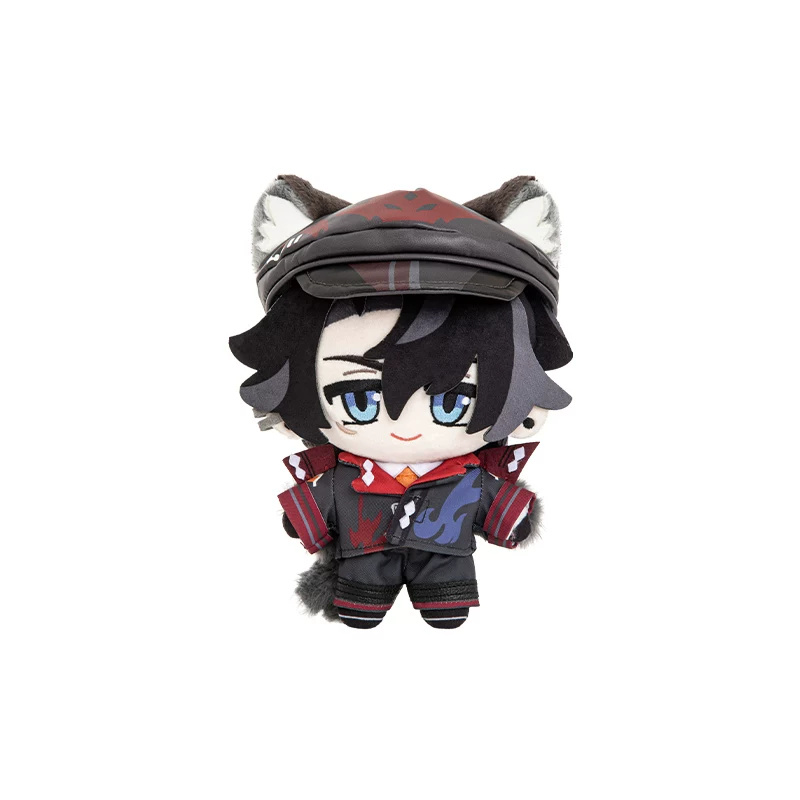 Wriothesley plush doll in a black and red outfit and a wolf-ear beret