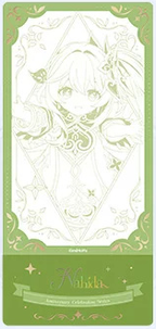 Nahida design: line-art ticket in light green with gold foil and a name banner