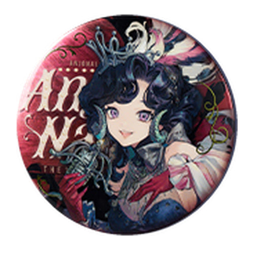 Round Anjo Nala can badge: Anjo Nala with a vintage microphone and a silver tiara, with decorative name lettering on deep red