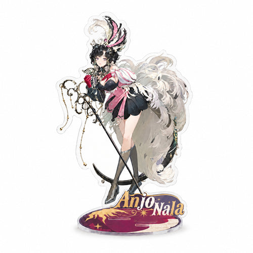 Anjo Nala acrylic stand: Anjo Nala with a microphone stand and white feathers, on a crimson base with her name in gold