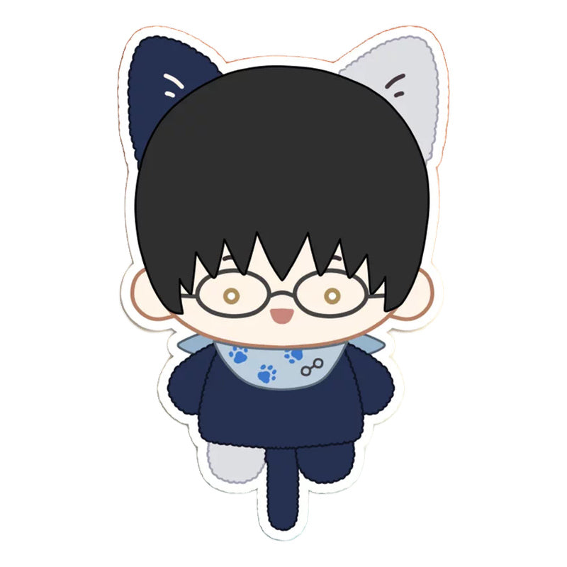 Shinpachi Shimura design with glasses, navy and grey cat ears and a light blue paw-print bandana