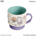 Mornye Wuthering Waves ceramic mug. Chibi character art and postage motifs wrap a mug with a coloured handle and base.