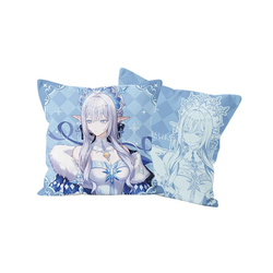 アナスターシャの中綿入りクッション。水色のダイヤ柄に氷の結晶の冠をつけたアナスターシャを描いた表面と、線画の裏面