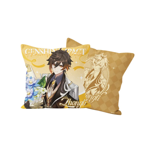 Zhongli cushion cover, front and back: Zhongli with blue and white flowers; line portrait on a gold check