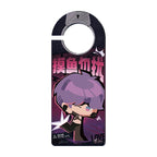 Dark acrylic door hanger with chibi Rafayel, pink lettering and a circular cutout