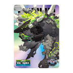 Zenless Zone Zero SHININGSOUL E-201 card. A massive rock-armored creature with black plates and lime-green crystals appears on a WARNING card.