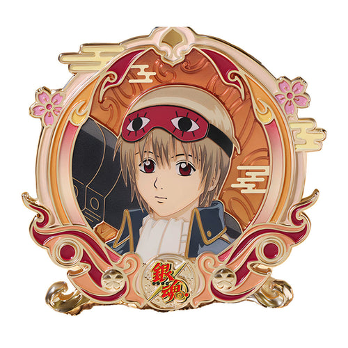 Sougo Okita medal with a sleep mask on his forehead and a bazooka behind him, in a pink, red and gold frame