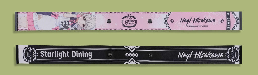 Front and back of the same strap; the black back reads Starlight Dining, 2026 and Nagi Hisakawa
