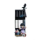 Inosuke Hashibira holding tempura in front of a tiled-roof building with a crow above.