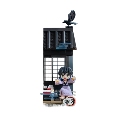 Inosuke Hashibira holding tempura in front of a tiled-roof building with a crow above.