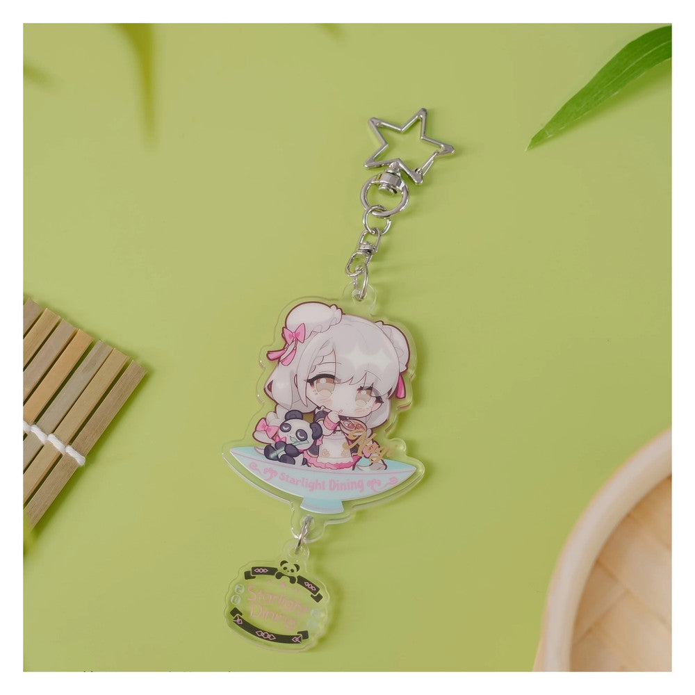 Acrylic keychain: chibi Nagi Hisakawa on a bowl-shaped base, with a panda; star clasp and logo charm