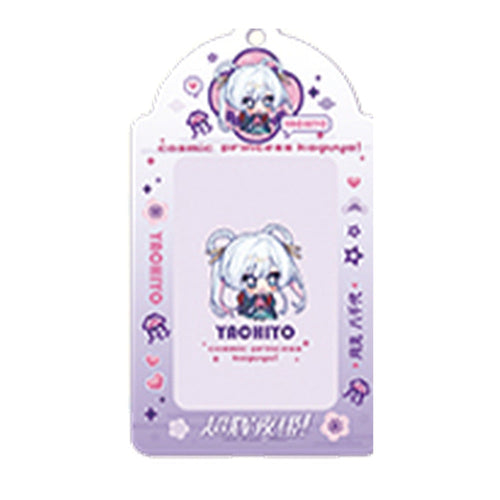 Lavender arch-topped card holder with pixel chibi Yachiyo, jellyfish and hearts around the card window