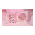 Rinami Himesaki magnet in two parts: clear illustration plate (left) and pink plaid name frame (right)