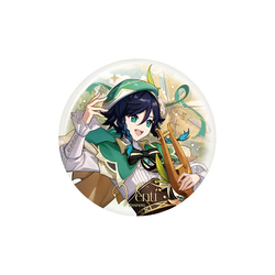 Venti button badge: tipping his beret and holding a lyre amid green ribbons; gold "Venti" lettering