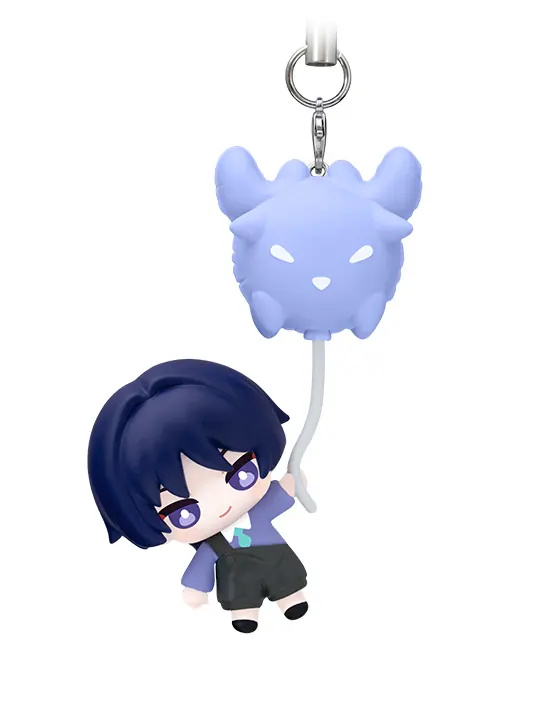 Close-up of a regular design with short navy hair and a purple shirt under a lavender balloon