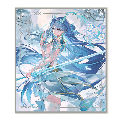 Qingxiao shikishi: long blue hair and a horn-like ornament, holding a pale blue sword in a snowy scene, name calligraphy at upper left