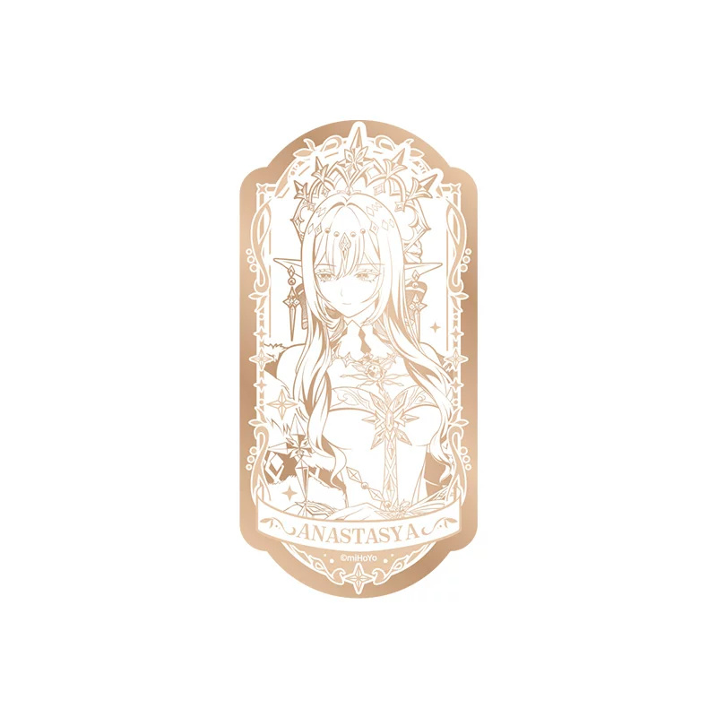 Anastasya mirror badge: gold-toned line art of her wearing her crown, ornate frame and "ANASTASYA" banner