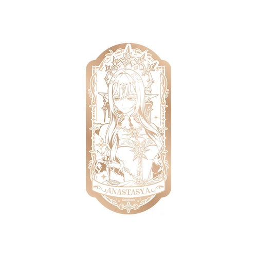 Anastasya mirror badge: gold-toned line art of her wearing her crown, ornate frame and "ANASTASYA" banner