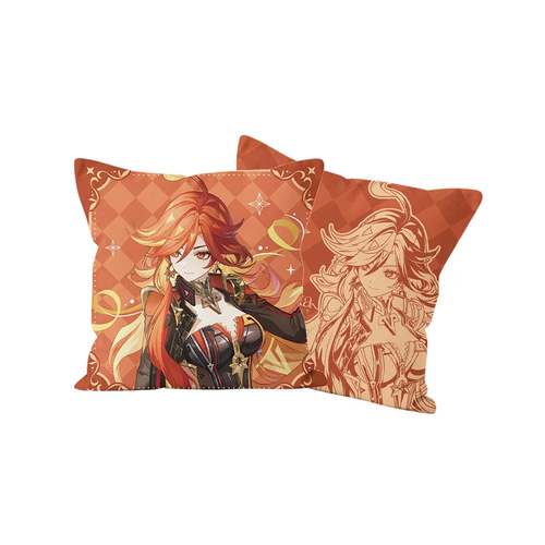 Mavuika filled cushion front and line-art back: Mavuika with flowing red and gold hair on orange diamond checks