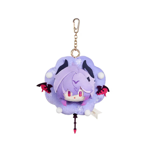 Durin plush keychain: horned plush head on a lavender flower-shaped backing with dragon wings and a tail