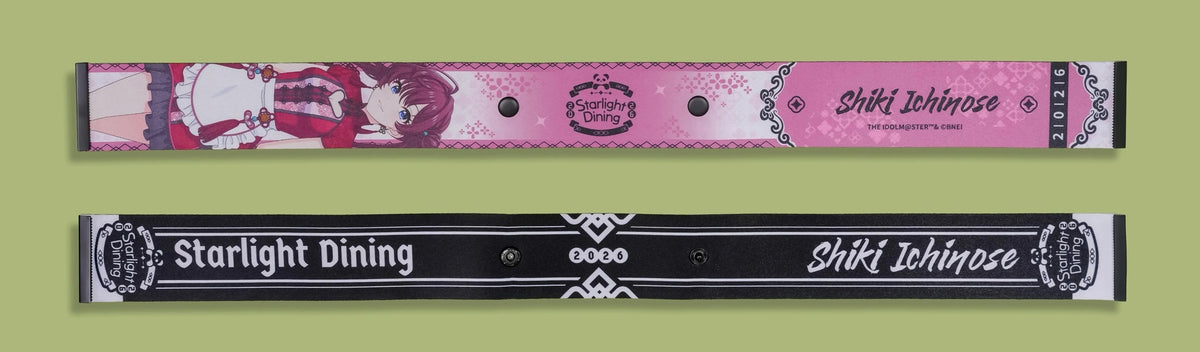 Front and back of the same strap; the black back reads Starlight Dining, 2026 and Shiki Ichinose