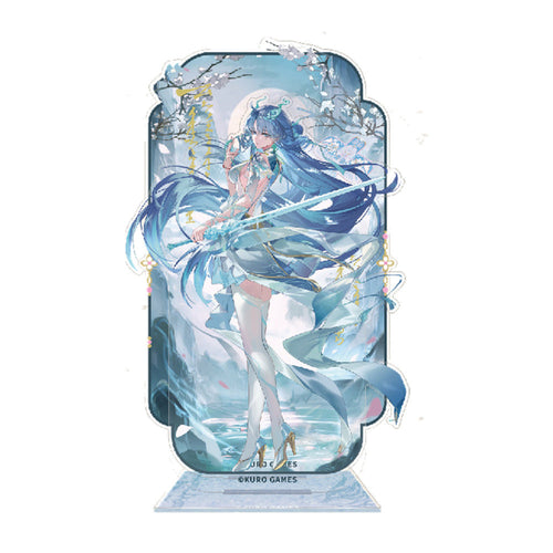 Qingxiao acrylic stand: long blue hair and a horn-like ornament, holding a pale blue sword in a snowy moonlit scene, on a pale blue base