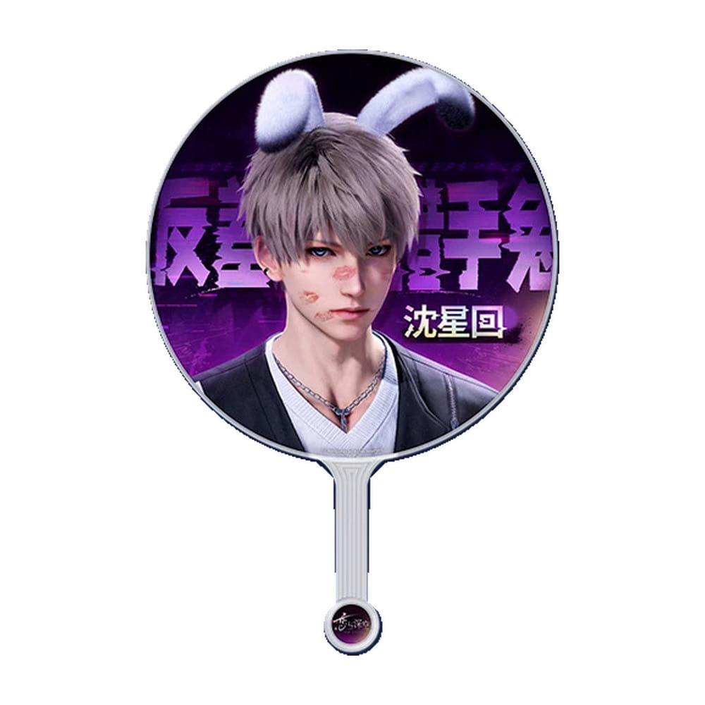 Round Xavier portrait fan with violet lettering and a long handle