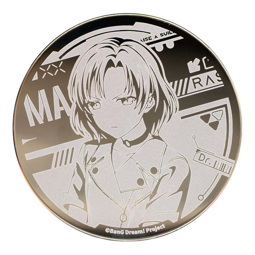 MASKING mirror button badge: silver line art of MASKING on gunmetal, with the RAS logo and "Dr."