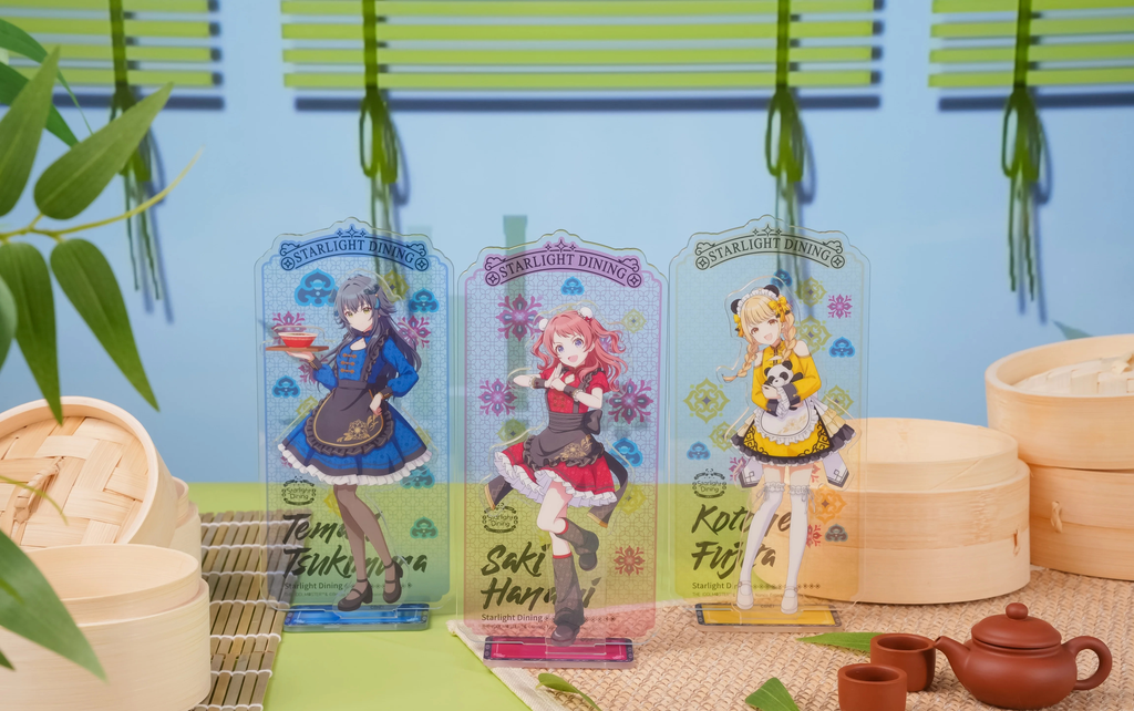 Group photo of three Starlight Dining acrylic stands with props; only the Saki Hanami stand is included
