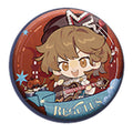 Round SD can badge: chibi Regulus playing a guitar, with a REGULUS ribbon on red-brown