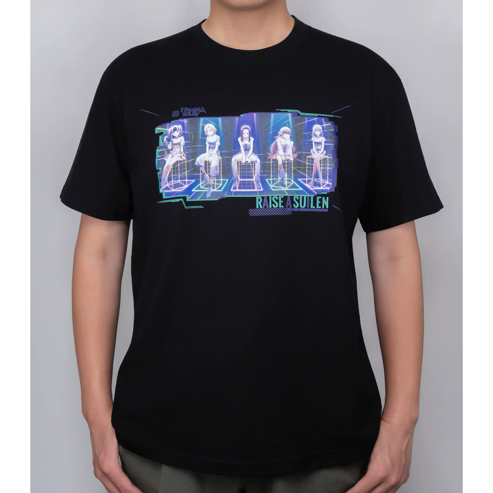 Black RAISE A SUILEN T-shirt worn, front print of the five members on neon cubes