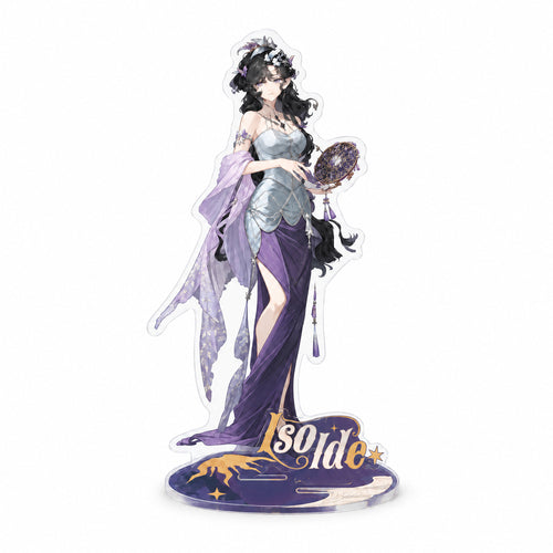 Isolde acrylic stand: Isolde in a purple gown with a hand drum, on a purple base with her name in gold
