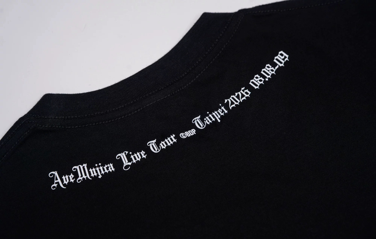 Close-up of the back neck print: Ave Mujica Live Tour Taipei 2026 08.08-09