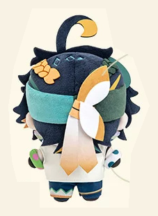 Back view showing the teal headband and the orange-and-white hair ornament