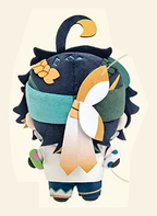 Back view showing the teal headband and the orange-and-white hair ornament