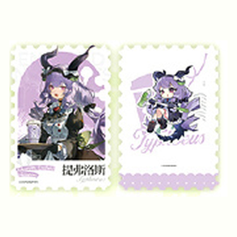 Typhoeus foil card: front with Typhoeus at a café counter, back with a chibi Typhoeus and her name