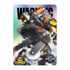 Zenless Zone Zero SHININGSOUL E-204 card. A black-and-orange industrial machine with large circular saw blades fills a WARNING card.