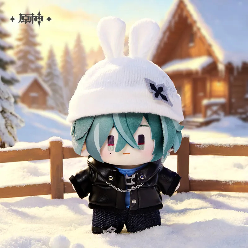 The doll in the snow by a wooden fence in front of cabins (props not included)