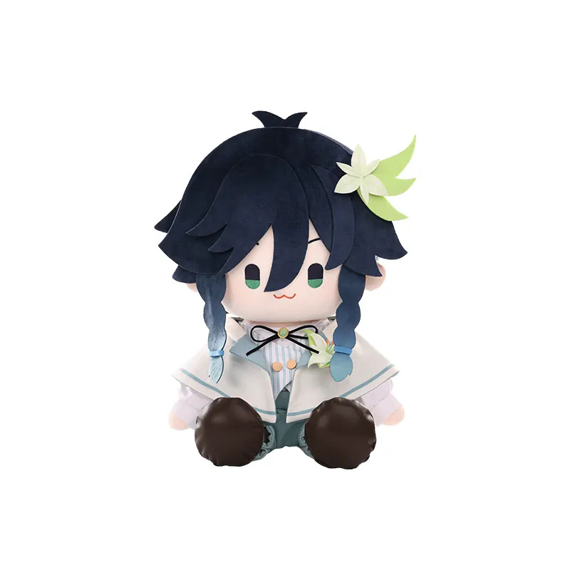 Venti sitting plush doll in a white cape, striped vest and teal shorts with a flower-and-leaf headpiece