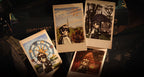 Four Polaroid-style photo cards of chibi Liang Yue: tower, umbrella in the rain, Ferris wheel and fireplace