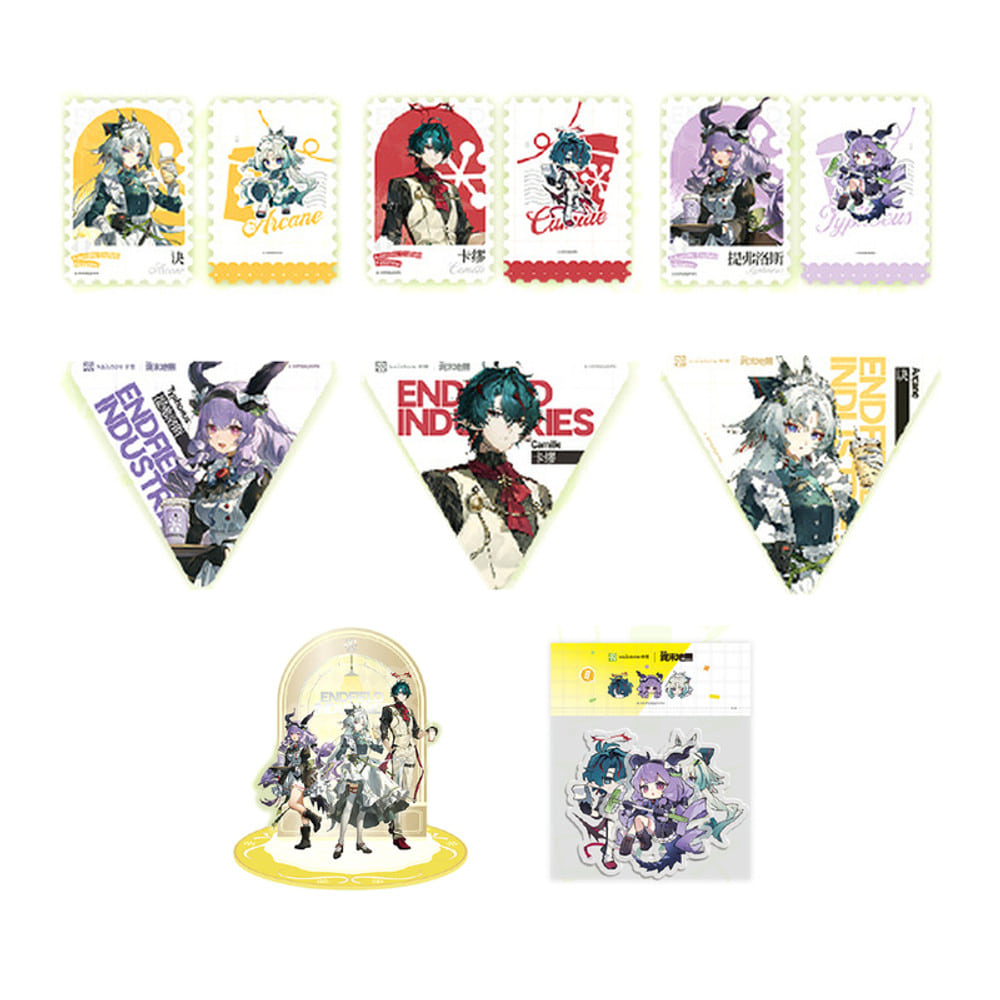 Set: 3 foil cards (front and back), 3 triangle badges, the 3-character stand and SD sticker pack (while stocks last)