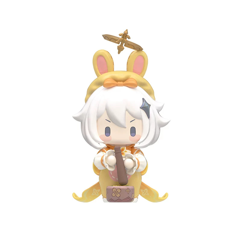 Paimon figure in a yellow moon-rabbit hood, holding a pestle over a small mortar