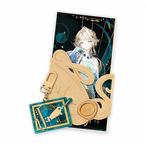 Beryl ticket with a gold decorative cover and wax-seal motif, plus a teal acrylic keychain
