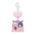 Yukata SD acrylic keychain: crescent-moon clasp, heart plate with the names Kaguya and Iroha, and SD pair in yukata